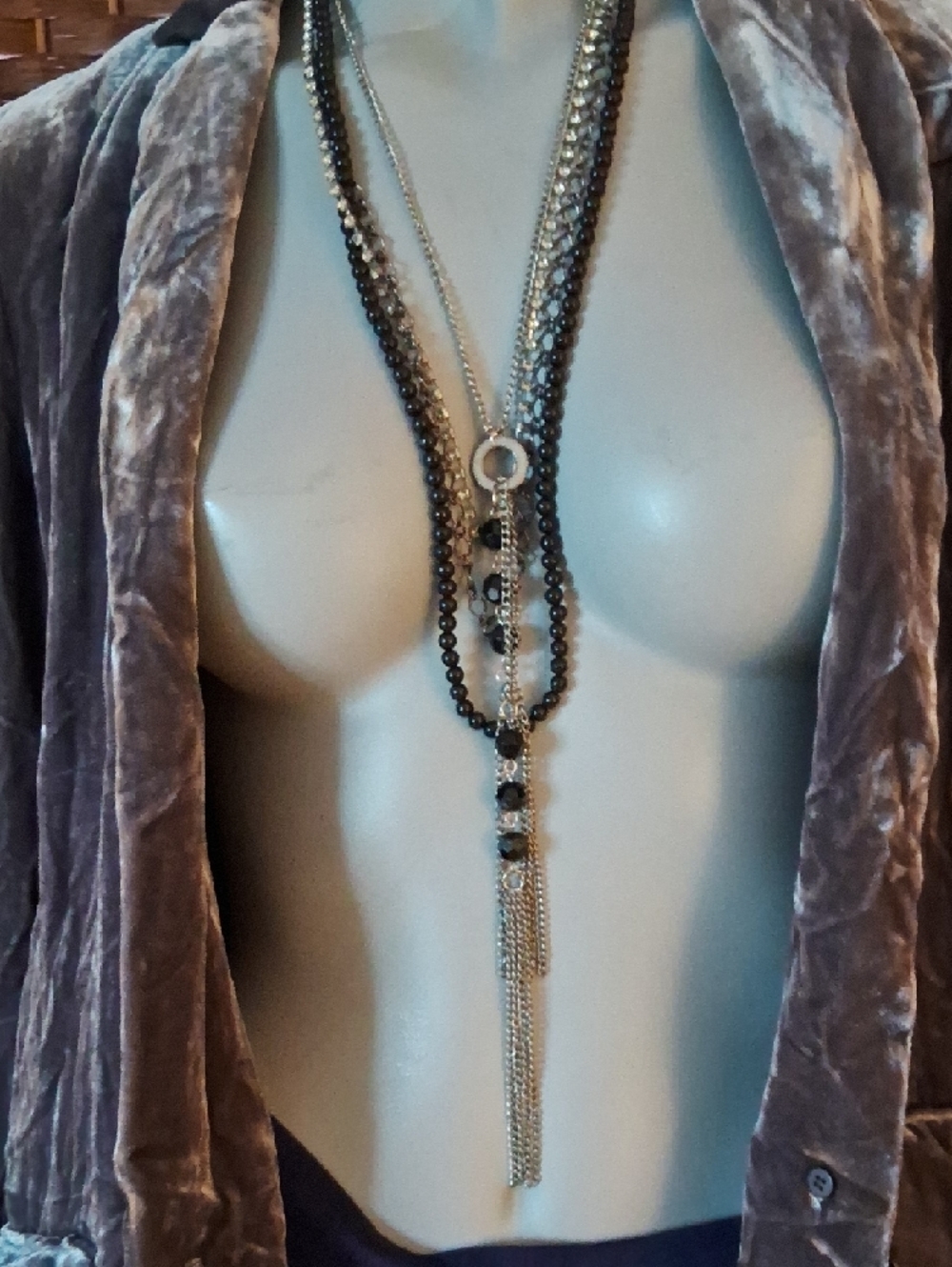 🌟 3/$30. Bundle:Tassel Necklace with Black Beads & Triple Bead, Cyrstal & Chain